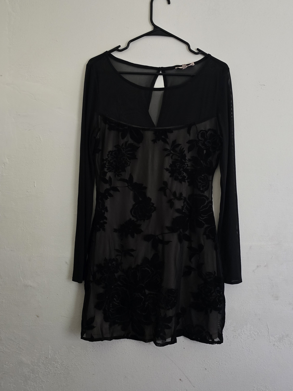 Black Floral Mesh Mini Dress with Sheer Long Sleeves